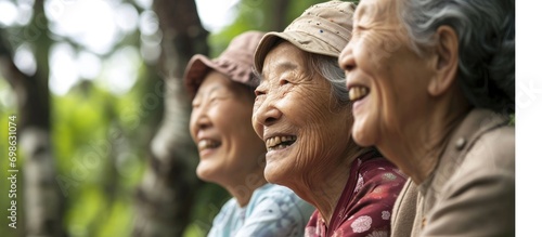Elderly Asian friends finding joy in group activities at a senior daycare center. photo