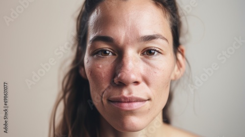 A detailed portrayal of a Caucasian woman's close-up, emphasizing her flawed skin against a light beige studio setting.