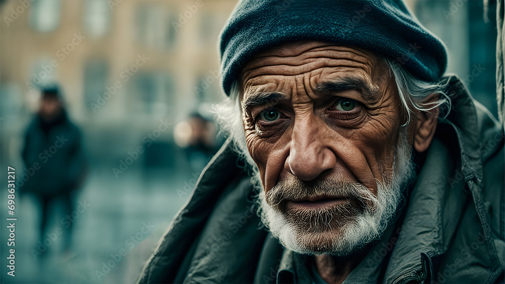 AI generated. Illustration. Portrait of tired old beggar with wrinkled face. Haggard old man. Homeless tramp. Cinematic portrait. AI generated. Illustration. Portrait of tired old beggar with wrinkled face. Haggard old man. Homeless tramp. Cinematic portrait.