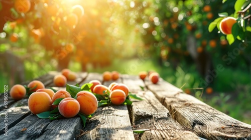 Wooden table with fresh apricotes and free space on nature blurred background with apricote trees  photo