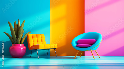 Brightly colored wall background, blue wooden floor, blue and yellow lounge chairs, empty room
