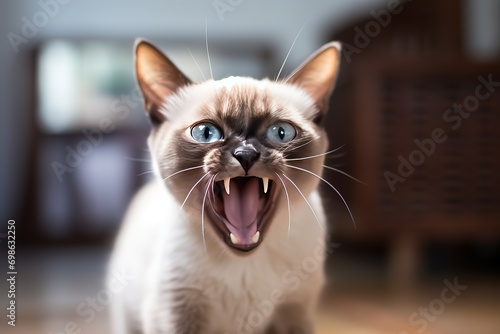 Thai Tonkinese cat hissing in a cozy home background
