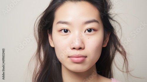 Imperfections embraced in an intimate closeup of an Asian woman.