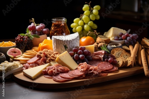 Photo of a gourmet cheese and charcuterie board with accompaniments. Generative AI