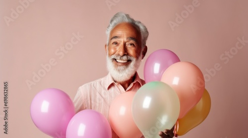 Aged gentleman with present and balloons. © iuricazac