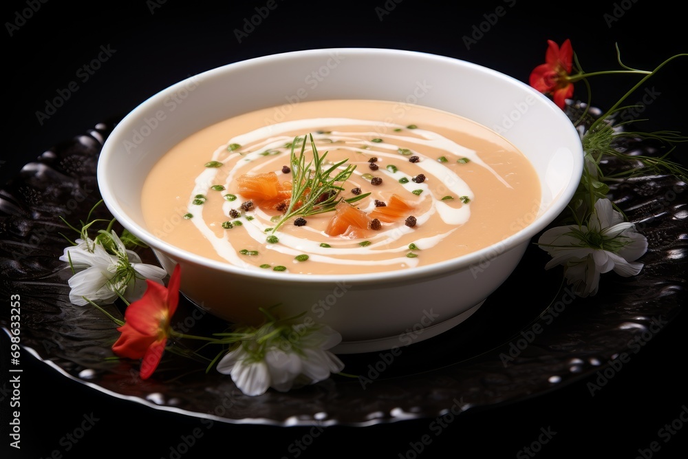 Photo of a gourmet seafood bisque with a dollop of cream. Generative AI