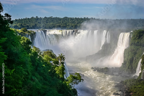 Water cascading over multiple falls at the Iguacu falls in Brazil