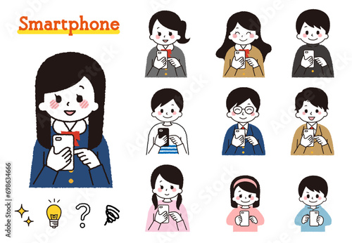スマホを操作する学生のイラスト。