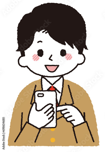 スマホを操作する学生のイラスト。