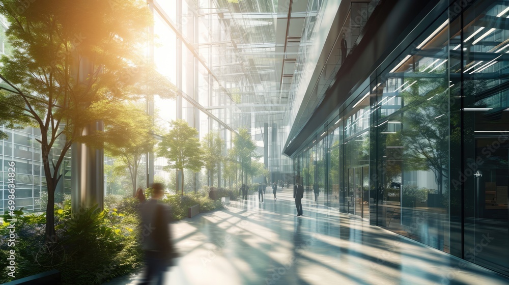 Blurred people walking fast movement in glass office with green environment and trees, Green environment in corporate building. Blurred people walking fast movement in glass office with green environment and trees, Green environment in corporate building.