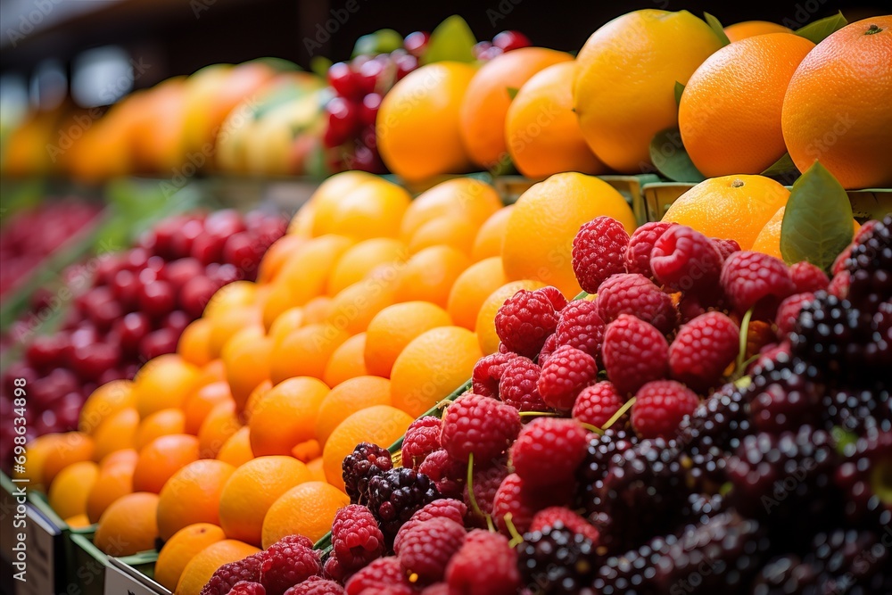 Counter in a store. Vibrant Fruit Market. A Feast of Colorful Fruits and Juicy Berries Await You. Counter in a store. Vibrant Fruit Market. A Feast of Colorful Fruits and Juicy Berries Await You.