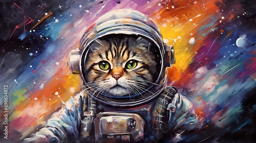 Fototapeta Naklejka Na Ścianę i Meble -  funny astronaut cat in space suit, fun kitty in spacesuit flying in cosmos