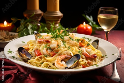 Photo of a plate of delectable seafood linguine with white wine sauce. Generative AI