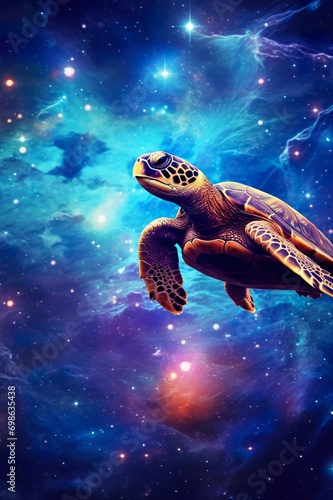 giant surreal turtle swimming in open space with colorful nebulas and stars, stylish wallpaper illustration