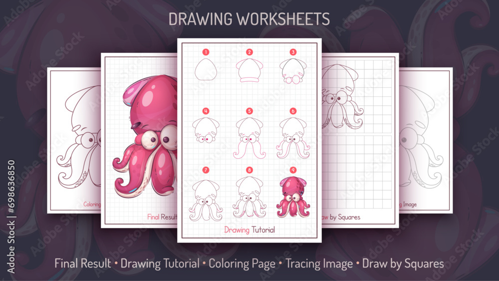 How to Draw a Squid. Step by Step Drawing Tutorial. Draw Guide. Simple