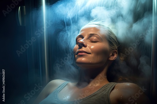 Young woman relaxing and sweating in hot sauna steam room