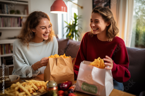 Two teenager girl friends in a house with bag of takeaway food