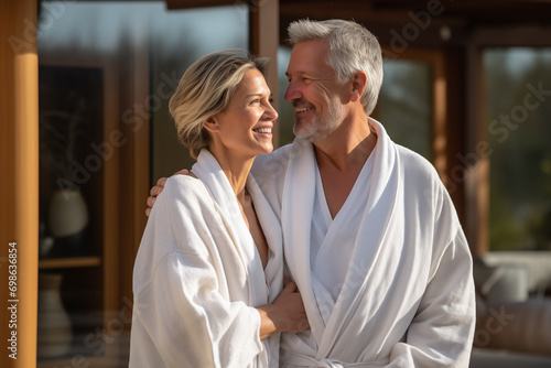 Adult couple at outdoors in a bathrobe photo