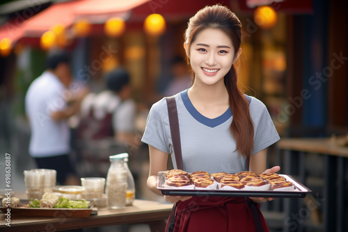 Young pretty Chinese woman at outdoors with waiter uniform