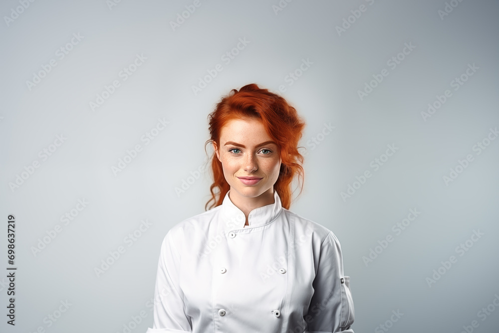 Young pretty redhead girl over isolated grey background in chef uniform