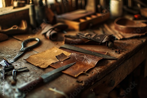 A craftsman's bench cluttered with various leatherworking tools and pieces of leather, indicating a traditional leather crafting process.