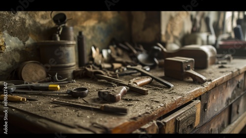 An assortment of old leatherworking tools laid out on a dusty workbench, suggesting a long history of leather crafting.