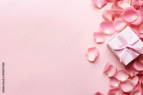 Top view of red and pink rose flower petals with gift box on side of pastel pink background with copy space © Firn