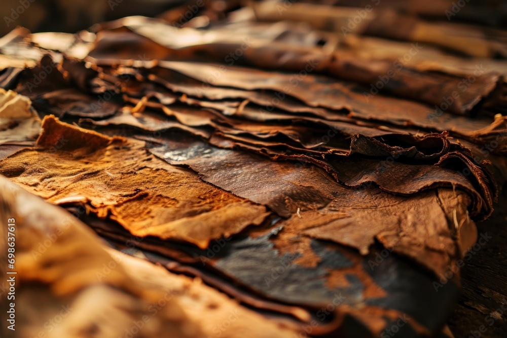 Partially processed hides in the foreground with soft focus on the tanning facility background, showcasing the leather production process. Partially processed hides in the foreground with soft focus on the tanning facility background, showcasing the leather production process.