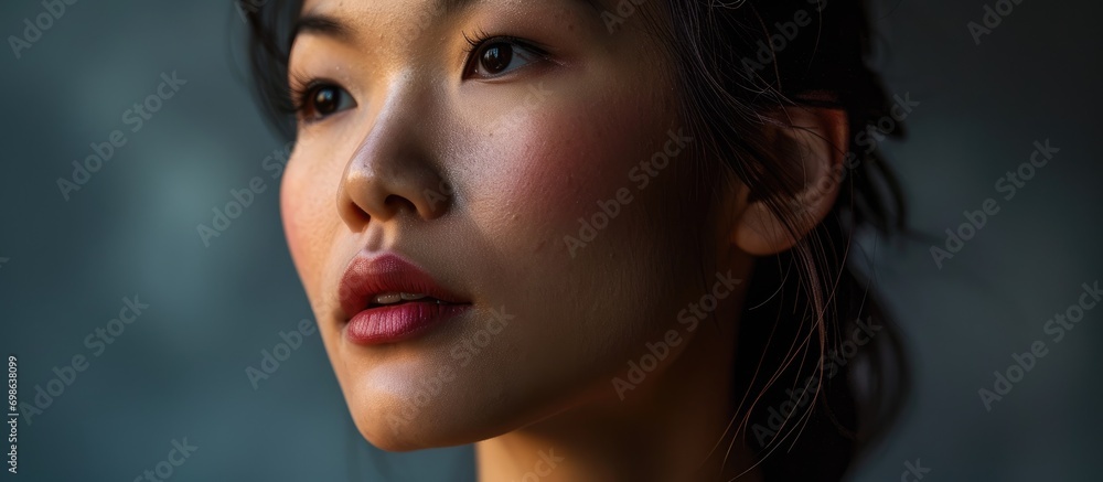 Fototapeta premium Gorgeous Asian woman with radiant skin gazing elsewhere, wearing a smile.