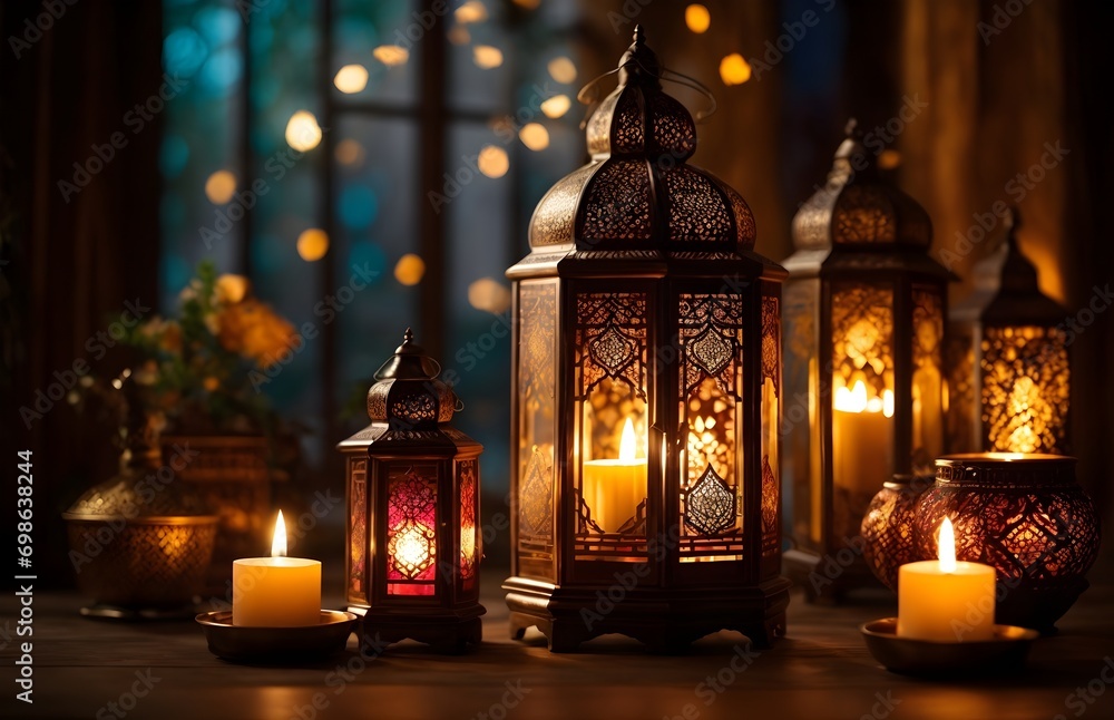 Fanous Ramadan Muslim Islamic lanterns, festive background with copy space text, template, wallpaper