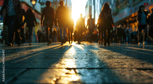 People walking along the street of a modern city, defocused image photo