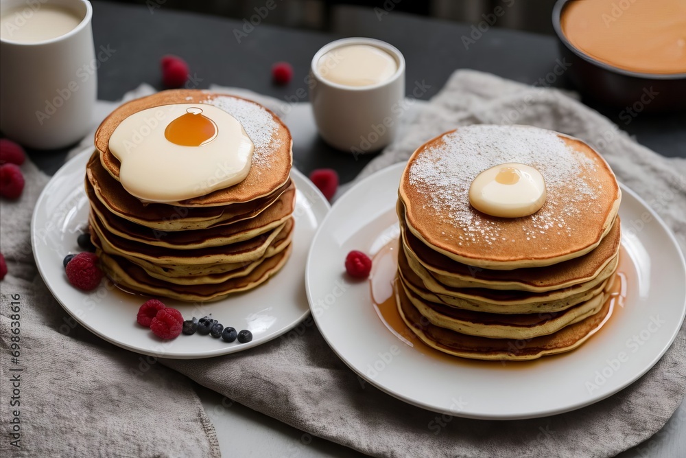 A stack of golden pancakes topped with luscious maple syrup and vibrant berries. The fluffy texture contrasts the rich syrup, while the burst of colorful berries adds a fresh, enticing appeal.
A stack of golden pancakes topped with luscious maple syrup and vibrant berries. The fluffy texture contrasts the rich syrup, while the burst of colorful berries adds a fresh, enticing appeal.