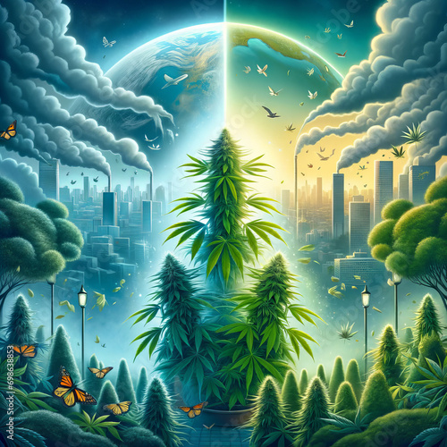 Contrast of green cannabis cultivation against a backdrop of city pollution