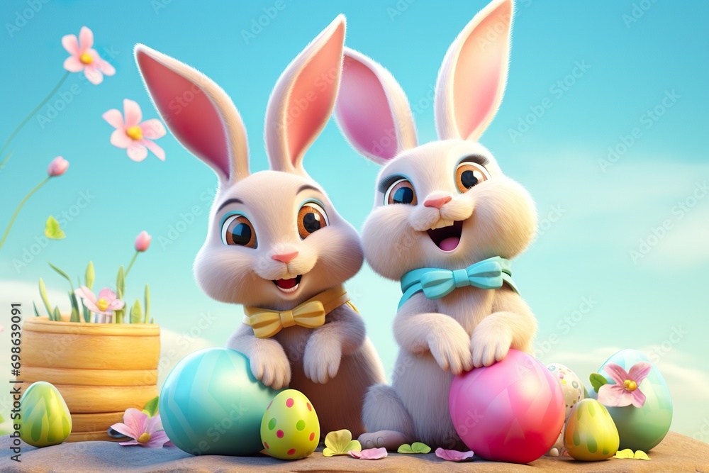 couple of cute Easter Bunnies in pastel colors, with a pile of Easter eggs couple of cute Easter Bunnies in pastel colors, with a pile of Easter eggs