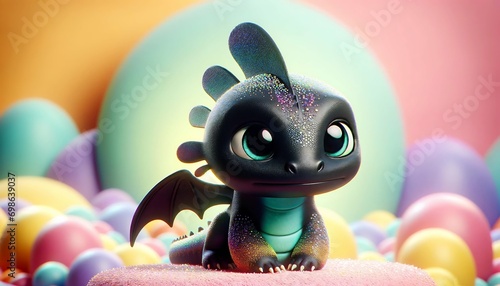 Cute black little dragon. Cartoon character dragon. Fantasy Funny baby monster with big eyes. Fairy-tale hero. Children book. Illustration of tales. Toy design. Print. Copy space. Rainbow. 3D ai