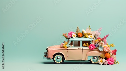 retro toy car delivering a bouquet of flowers on a pastel background. Postcard Valentine's Day. Flower delivery. March 8, International Women's Day and Mothers day. photo