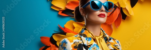 Young girls in beautiful fashionable clothes in toucan plumage colors, exotic bird and high fashion, fashion magazine cover, banner photo
