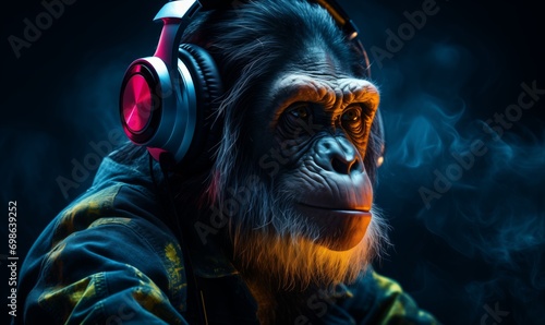 Chimpanzee in bright informal clothes wearing big professional headphones, in neon light. DJ clubbing concept photo