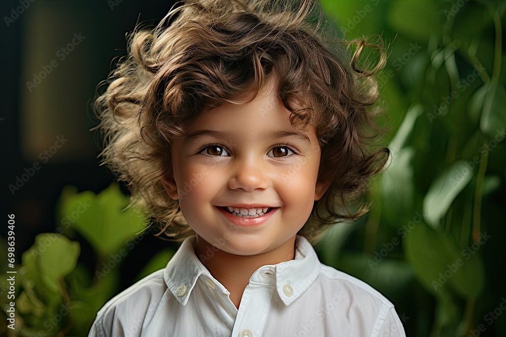 Close up of child portrait of a cute little boy outdoors in the garden. Cheerful kid is smiling and looking at the camera. Green trees and meadow on the background. Happy childhood. Close up of child portrait of a cute little boy outdoors in the garden. Cheerful kid is smiling and looking at the camera. Green trees and meadow on the background. Happy childhood.