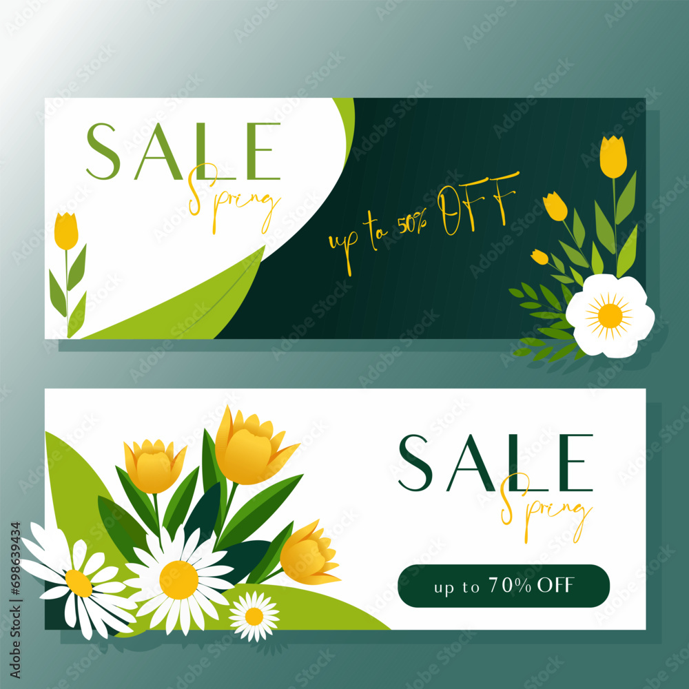 Fototapeta premium Two bright vector spring sale banners with floral design. Best offer.
