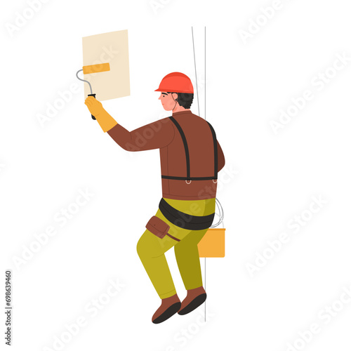 Building painter working at height. Industrial climber, construction alpinist cartoon vector illustration