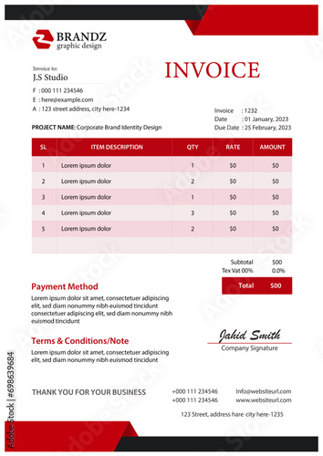 Professional business invoice template with red & black color shades. modern corporate business cash receipt and voucher design. Payment agreement and invoice bill template design with abstract shapes