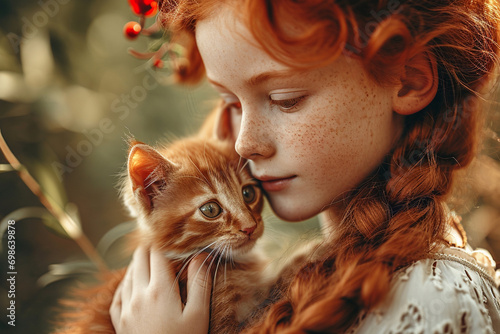 Child holding baby cat. Kids and pets. Little red haired girl hugging cute red little kitten. Domestic animal in family with kids. Children with home pet animals photo