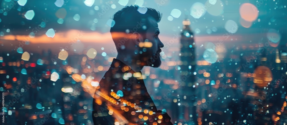 Double exposure of a thinking businessman with cityscape and hologram, representing modern life, business, city, and internet. Double exposure of a thinking businessman with cityscape and hologram, representing modern life, business, city, and internet.