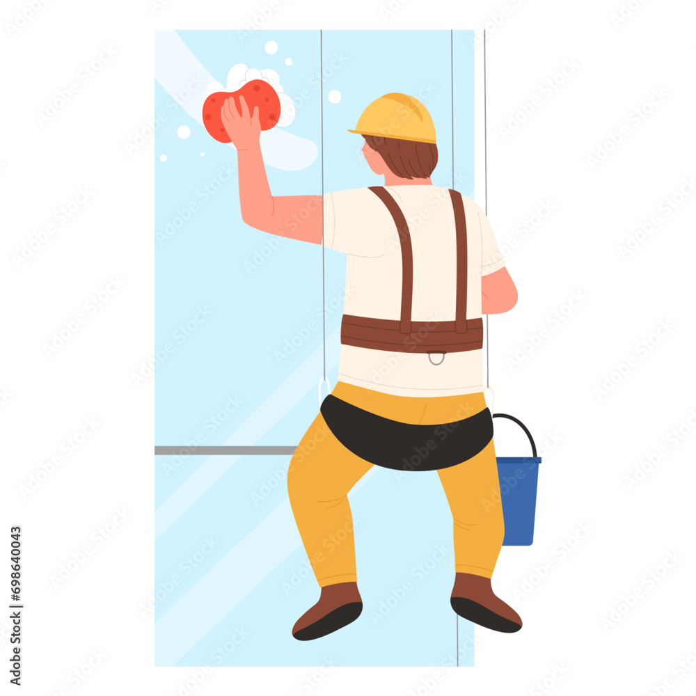 Cleaning service working at height. Window washer industrial climber cartoon vector illustration