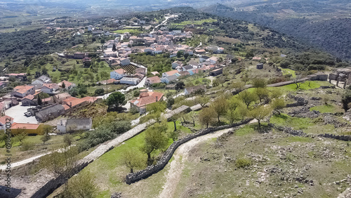 Aerial exterior view at the Numão village downtown and iconic Numão Castle, ruins Castle, an heritage medieval architecture structure, Portugal