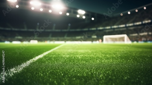 Green grass macro in sports arena  with lights background. Close up of  soccer field lines. Background soccer lawn grass football stadium ground view. photo