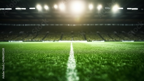 Close up soccer field lines. Background soccer pitch grass football stadium ground view. Grass macro in sports arena  with lights background photo