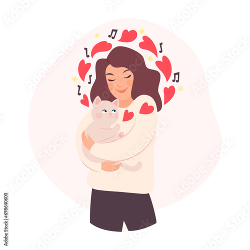 Friendship with animal. Pretty girl holding purring cat in her arms. Cartoon illustration woman with cat pet on white background. Cat purring sound with decorative red hearts flying and musical notes