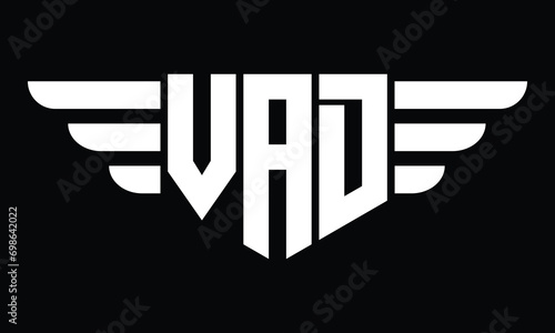VAD three letter logo, creative wings shape logo design vector template. letter mark, word mark, monogram symbol on black & white. photo